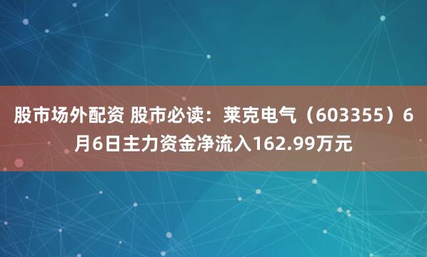 股市场外配资 股市必读：莱克电气（603355）6月6日主力资金净流入162.99万元